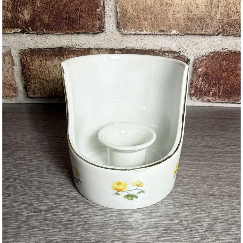 VTG Ceramic Chamberstick Candle Holder Yellow Roses Floral Gold Trim Handle